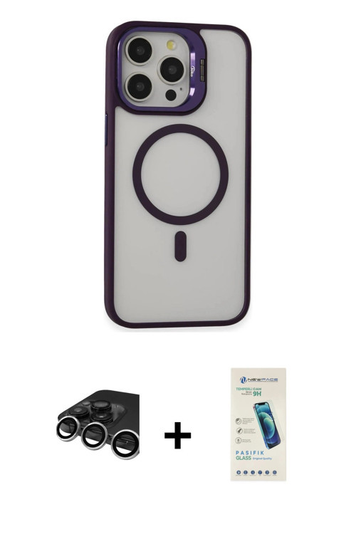 iPhone 15 Pro Max Kılıf Ahenk Klasik Özel Seri - Şeffaf Pasifik Cam Ekran Koruyucu + Gümüş Raze
