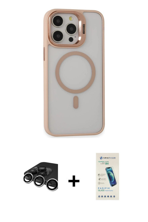 iPhone 15 Pro Max Kılıf Ahenk Klasik Özel Seri - Şeffaf Pasifik Cam Ekran Koruyucu + Gümüş Raze