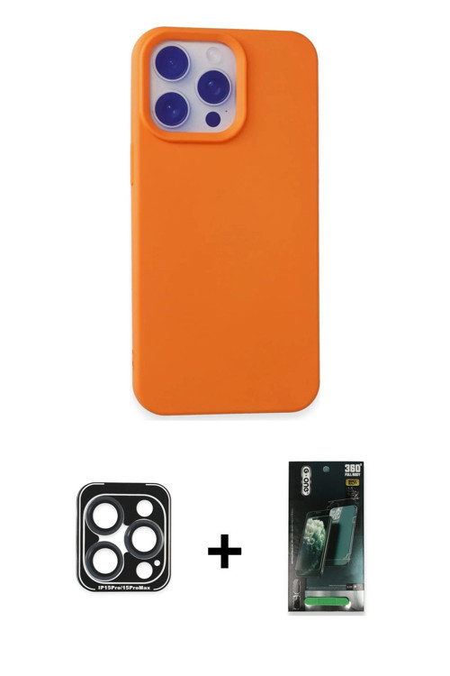 iPhone 15 Pro Max Kılıf Ahenk Serisi - Siyah 360 Mat Full Body Arka Koruyucu + Lacivert PVD Met