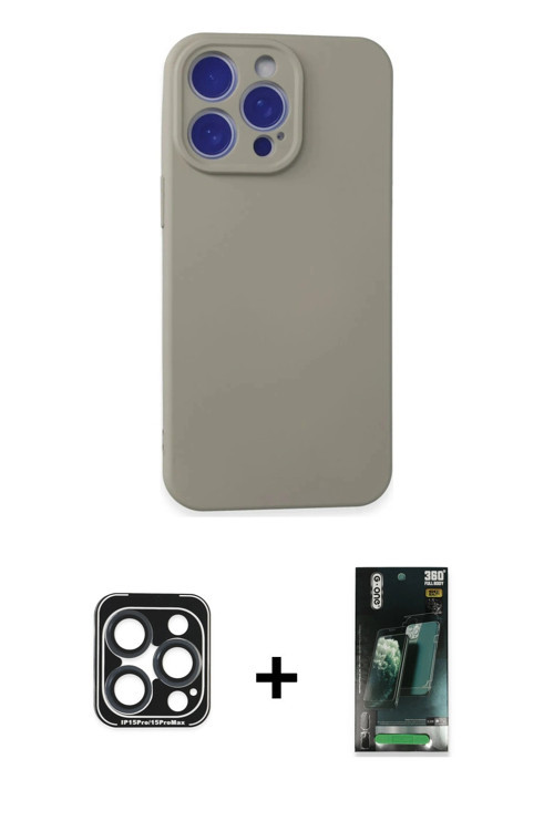 iPhone 15 Pro Max Kılıf Ahenk Serisi - Siyah 360 Mat Full Body Arka Koruyucu + Lacivert PVD Met