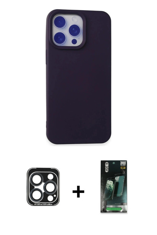 iPhone 15 Pro Max Kılıf Ahenk Serisi - Siyah 360 Mat Full Body Arka Koruyucu + Lacivert PVD Met