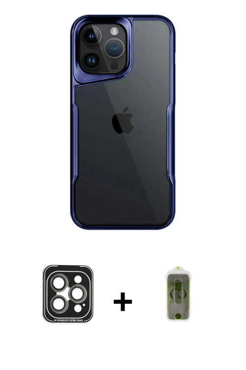 iPhone 15 Pro Max Kılıf Akış Çizgi Koleksiyonu - Siyah Joko Magic 5D Hayalet Cam + Gri PVD Meta