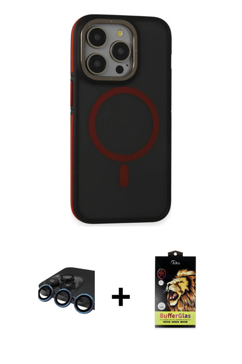 iPhone 15 Pro Max Kılıf Ahenk Form Serisi - Siyah Buffer Cam Ekran Koruyucu + Lacivert Raze Met