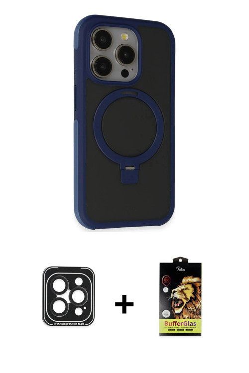 iPhone 15 Pro Max Kılıf Ahenk Yansıma Özel Seri - Siyah Buffer Cam Ekran Koruyucu + Siyah PVD M