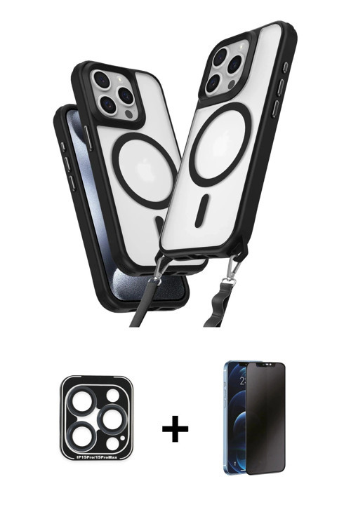 iPhone 15 Pro Max Kılıf Atlas Doku Koleksiyonu - Siyah 3D Antistatik Hayalet Cam Ekran Koruyucu