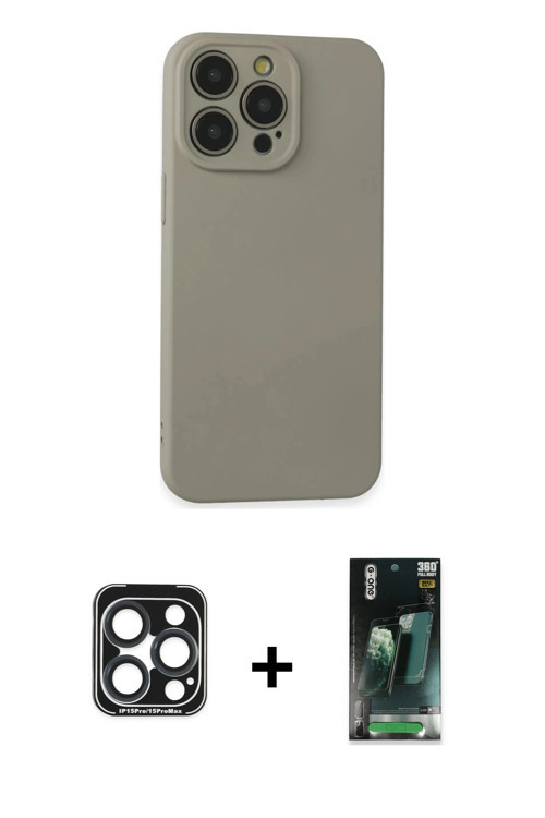 iPhone 15 Pro Max Kılıf Ahenk Serisi - Siyah 360 Mat Full Body Arka Koruyucu + Lacivert PVD Met