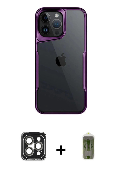 iPhone 15 Pro Max Kılıf Akış Çizgi Koleksiyonu - Siyah Joko Magic 5D Hayalet Cam + Gri PVD Meta