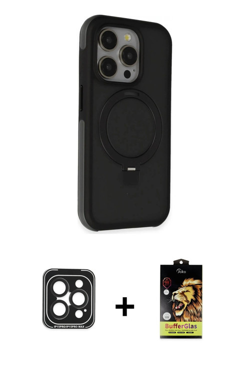 iPhone 15 Pro Max Kılıf Ahenk Yansıma Özel Seri - Siyah Buffer Cam Ekran Koruyucu + Siyah PVD M