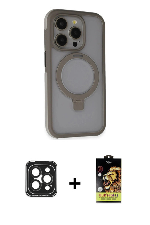 iPhone 15 Pro Max Kılıf Ahenk Yansıma Özel Seri - Siyah Buffer Cam Ekran Koruyucu + Siyah PVD M