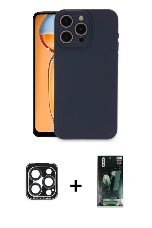 iPhone 15 Pro Max Kılıf Ahenk Serisi - Siyah 360 Mat Full Body Arka Koruyucu + Lacivert PVD Met