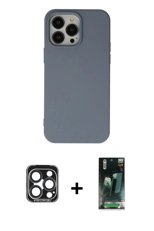 iPhone 15 Pro Max Kılıf Ahenk Serisi - Siyah 360 Mat Full Body Arka Koruyucu + Lacivert PVD Met