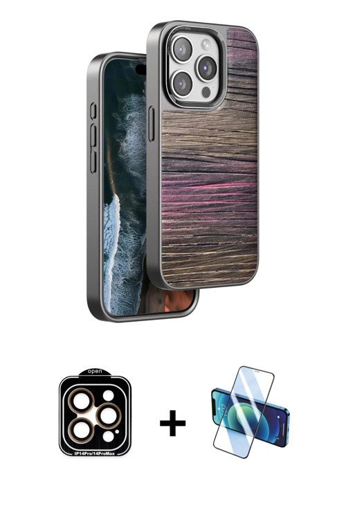 iPhone 15 Pro Max Kılıf Atlas Minimal Özel Seri - Siyah 3D Antistatik Cam Ekran Koruyucu + Turu