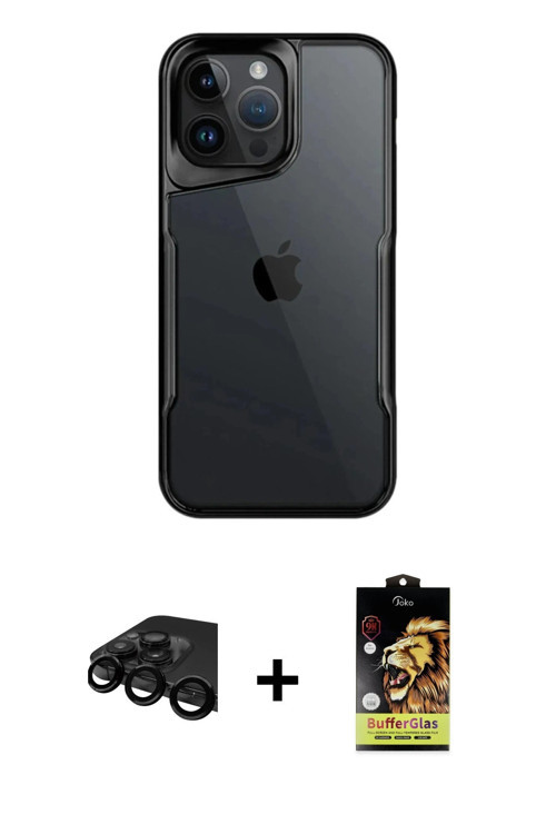 iPhone 15 Pro Max Kılıf Akış Çizgi Koleksiyonu - Siyah Buffer Cam Ekran Koruyucu + Siyah Raze M