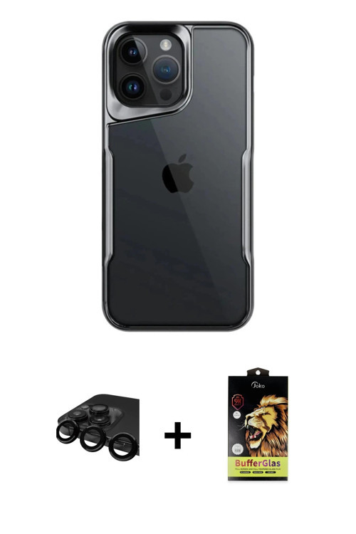 iPhone 15 Pro Max Kılıf Akış Çizgi Koleksiyonu - Siyah Buffer Cam Ekran Koruyucu + Siyah Raze M