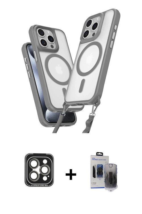 iPhone 15 Pro Max Kılıf Atlas Doku Koleksiyonu - Siyah Vanessa Magic Hayalet Cam + Gri PVD Meta