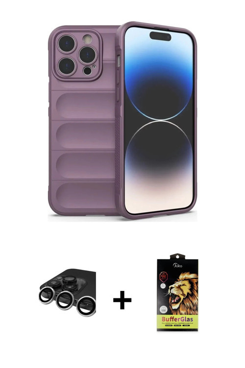 iPhone 15 Pro Max Kılıf Atlas Koleksiyonu - Siyah Buffer Cam Ekran Koruyucu + Gümüş Raze Metal