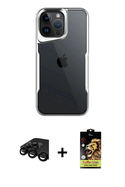 iPhone 15 Pro Max Kılıf Akış Çizgi Koleksiyonu - Siyah Buffer Cam Ekran Koruyucu + Siyah Raze M