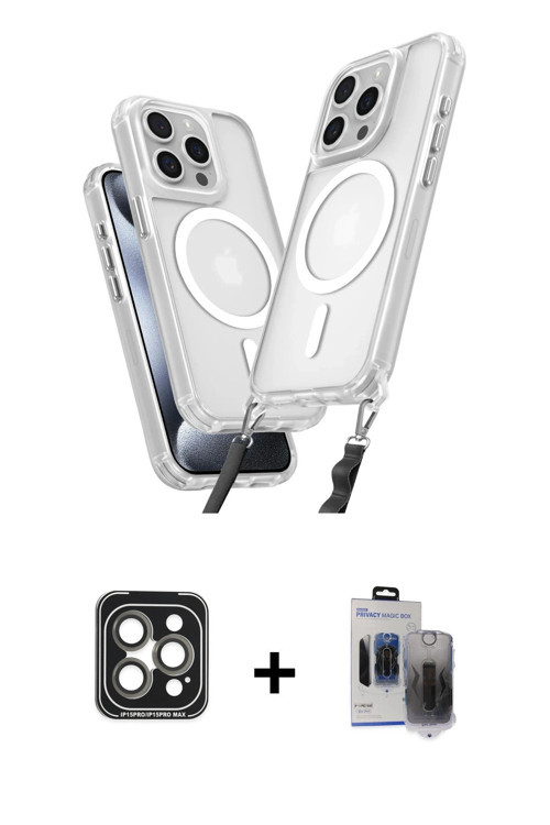 iPhone 15 Pro Max Kılıf Atlas Doku Koleksiyonu - Siyah Vanessa Magic Hayalet Cam + Gri PVD Meta