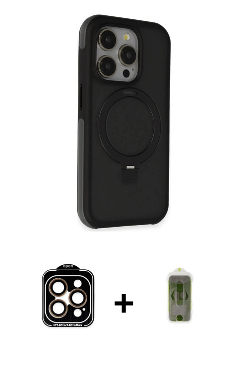 iPhone 15 Pro Max Kılıf Ahenk Yansıma Özel Seri - Siyah Joko Magic 5D Hayalet Cam + Turuncu PVD