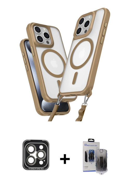 iPhone 15 Pro Max Kılıf Atlas Doku Koleksiyonu - Siyah Vanessa Magic Hayalet Cam + Gri PVD Meta