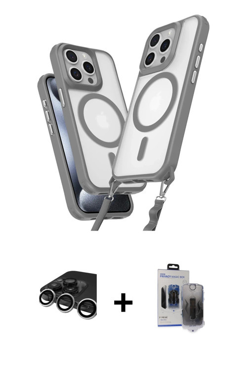 iPhone 15 Pro Max Kılıf Atlas Doku Koleksiyonu - Siyah Vanessa Magic Hayalet Cam + Gümüş Raze M