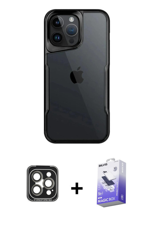 iPhone 15 Pro Max Kılıf Akış Çizgi Koleksiyonu - Siyah Bilvis 5in1 5D Magic Hayalet Cam Ekran K