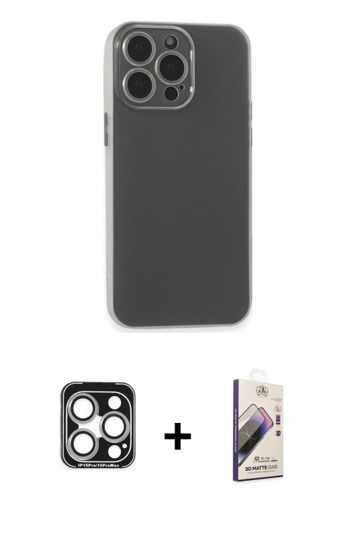 iPhone 15 Pro Max Kılıf Atlas Minimal Prime - Siyah Bilvis 3D Mat Cam Ekran Koruyucu + Gümüş PV