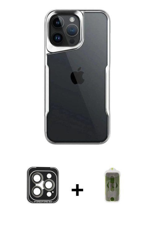 iPhone 15 Pro Max Kılıf Akış Çizgi Koleksiyonu - Siyah Joko Magic 5D Hayalet Cam + Gri PVD Meta