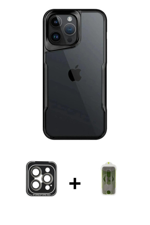 iPhone 15 Pro Max Kılıf Akış Çizgi Koleksiyonu - Siyah Joko Magic 5D Hayalet Cam + Gri PVD Meta
