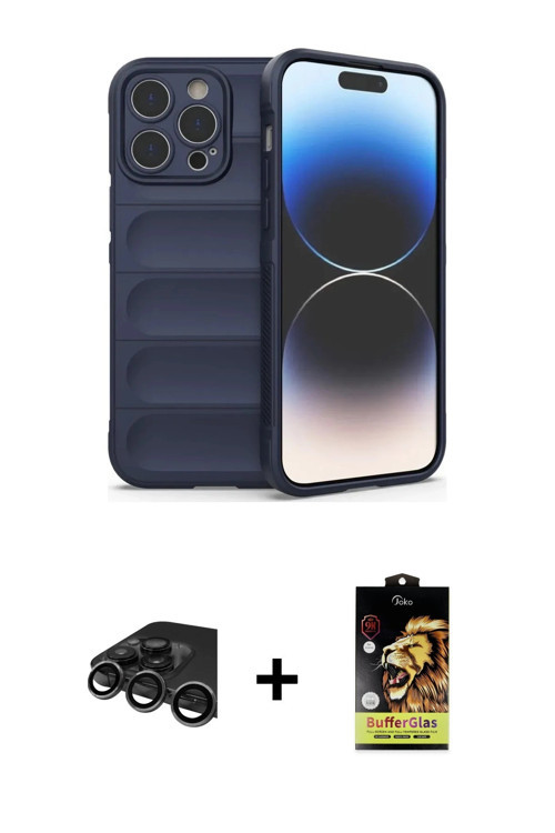 iPhone 15 Pro Max Kılıf Atlas Koleksiyonu - Siyah Buffer Cam Ekran Koruyucu + Titanyum Gri Raze
