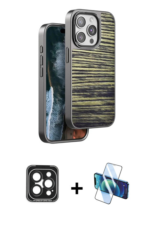 iPhone 15 Pro Max Kılıf Atlas Minimal Özel Seri - Siyah 3D Antistatik Cam Ekran Koruyucu + Siya