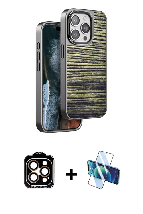 iPhone 15 Pro Max Kılıf Atlas Minimal Özel Seri - Siyah 3D Antistatik Cam Ekran Koruyucu + Turu