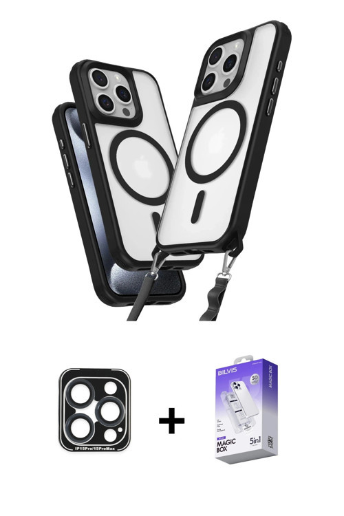 iPhone 15 Pro Max Kılıf Atlas Doku Koleksiyonu - Siyah Bilvis 5in1 3D Magic Cam Ekran Koruyucu