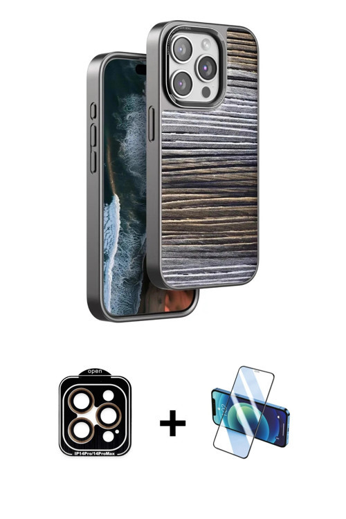 iPhone 15 Pro Max Kılıf Atlas Minimal Özel Seri - Siyah 3D Antistatik Cam Ekran Koruyucu + Turu