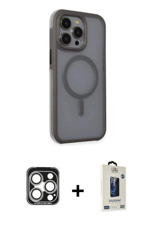 iPhone 15 Pro Max Kılıf Çekirdek Yansıma Prime - Siyah Bilvis Hayalet Cam Ekran Koruyucu + Gümü