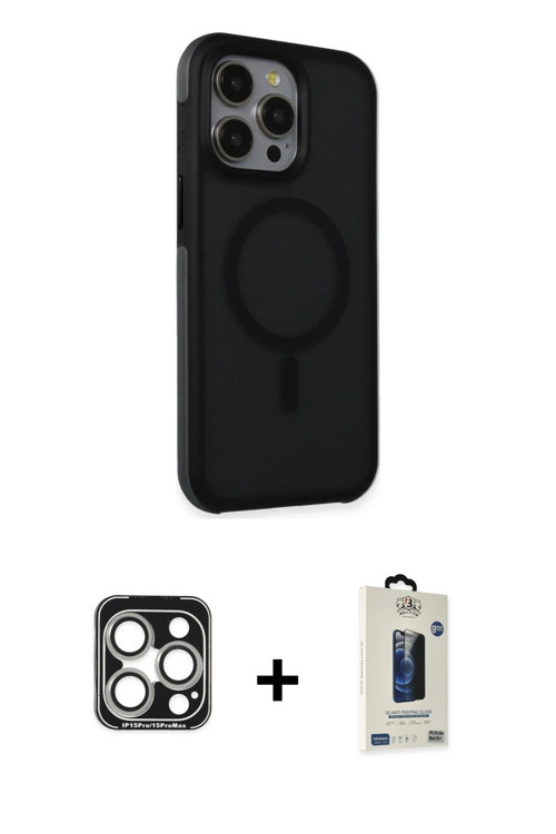 iPhone 15 Pro Max Kılıf Çekirdek Yansıma Prime - Siyah Bilvis Hayalet Cam Ekran Koruyucu + Gümü