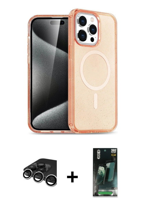 iPhone 15 Pro Max Kılıf Eksen Doku Koleksiyonu - Siyah 360 Mat Full Body Arka Koruyucu + Gümüş