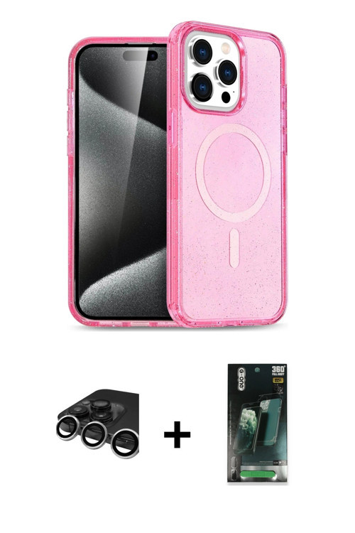 iPhone 15 Pro Max Kılıf Eksen Doku Koleksiyonu - Siyah 360 Mat Full Body Arka Koruyucu + Gümüş
