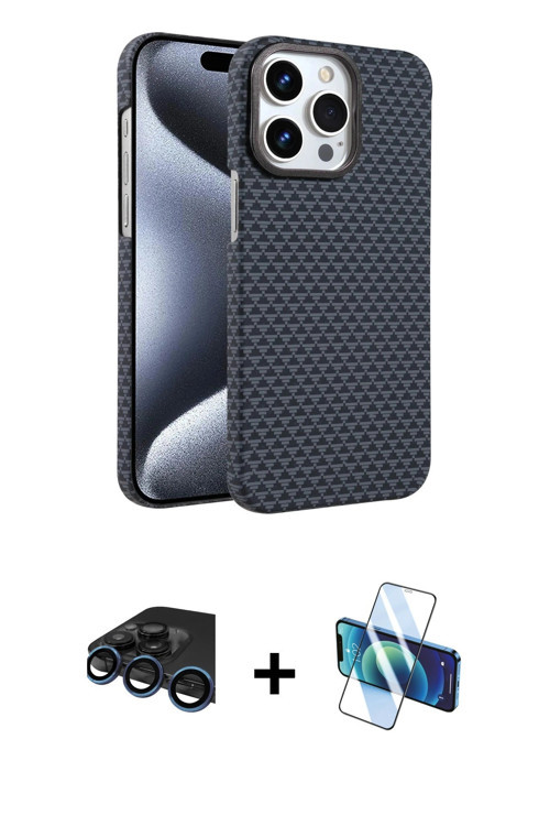 iPhone 15 Pro Max Kılıf Doruk Serisi - Siyah 3D Antistatik Seramik Nano Ekran Koruyucu + Lacive