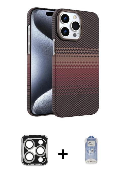 iPhone 15 Pro Max Kılıf Doruk Serisi - Siyah Joko Magic 5D Cam + Gümüş PVD Metal Kamera Lens