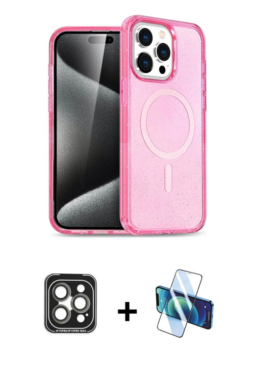 ieg™ iPhone 15 Pro Max Kılıf Eksen Doku Koleksiyonu - Siyah 3D Antistatik Cam Ekran Koruyucu + Gri P