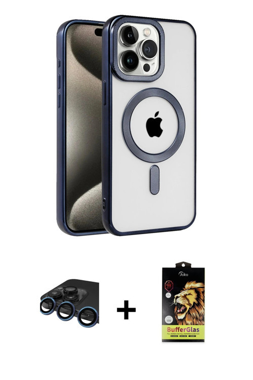 ieg™ iPhone 15 Pro Max Kılıf Eksen Form Koleksiyonu - Siyah Buffer Cam Ekran Koruyucu + Lacivert Raz
