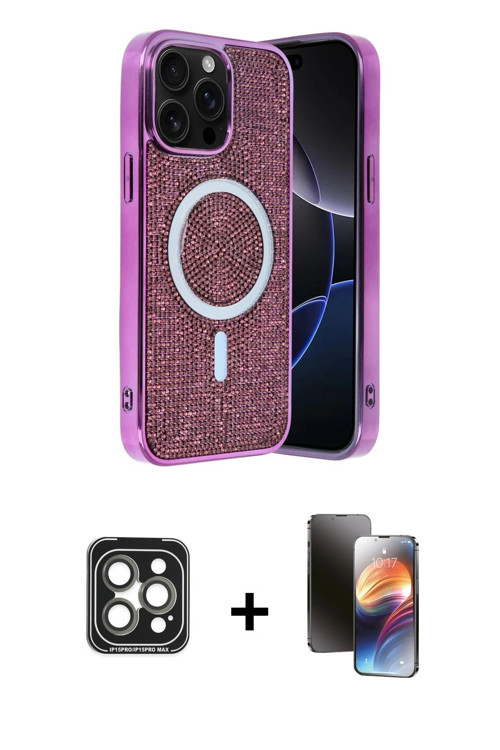 ieg™ iPhone 15 Pro Max Kılıf Eksen Çizgi - Siyah 3D Antistatik Mat Seramik Nano Ekran Koruyucu + Gri
