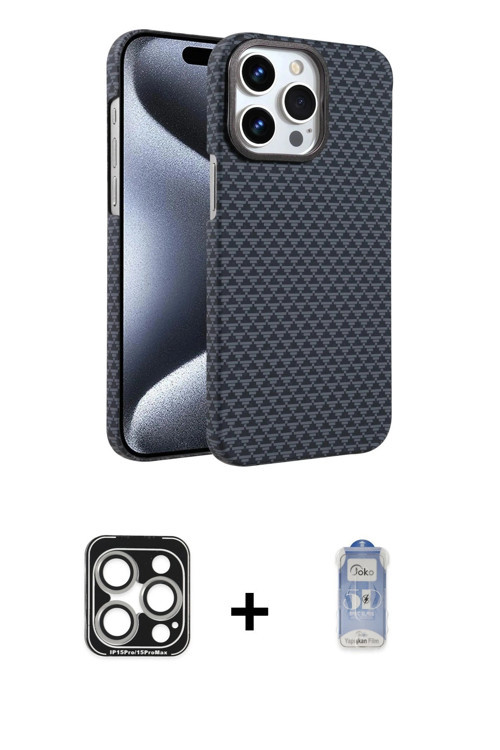 iPhone 15 Pro Max Kılıf Doruk Serisi - Siyah Joko Magic 5D Cam + Gümüş PVD Metal Kamera Lens