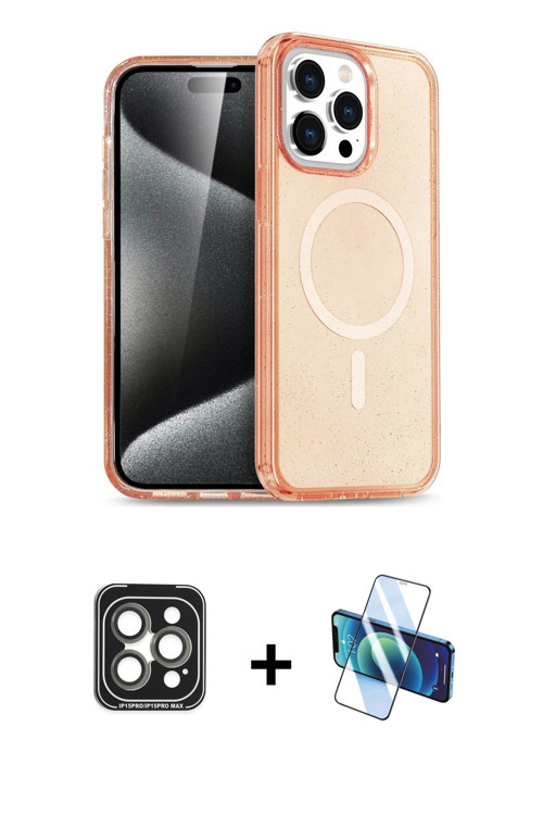 iPhone 15 Pro Max Kılıf Eksen Doku Koleksiyonu - Siyah 3D Antistatik Cam Ekran Koruyucu + Gri P
