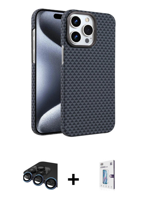 iPhone 15 Pro Max Kılıf Doruk Serisi - Siyah Bilvis 0.18mm Plus Cam Ekran Koruyucu + Lacivert R