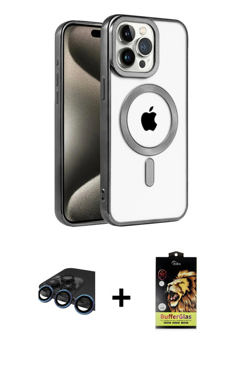 iPhone 15 Pro Max Kılıf Eksen Form Koleksiyonu - Siyah Buffer Cam Ekran Koruyucu + Lacivert Raz