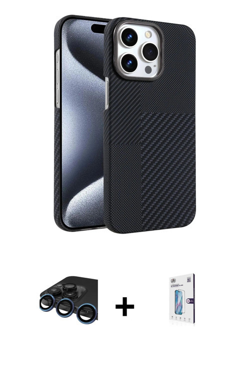 iPhone 15 Pro Max Kılıf Doruk Serisi - Siyah Bilvis 0.18mm Plus Cam Ekran Koruyucu + Lacivert R