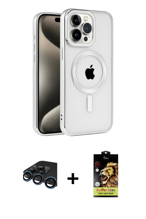 iPhone 15 Pro Max Kılıf Eksen Form Koleksiyonu - Siyah Buffer Cam Ekran Koruyucu + Lacivert Raz