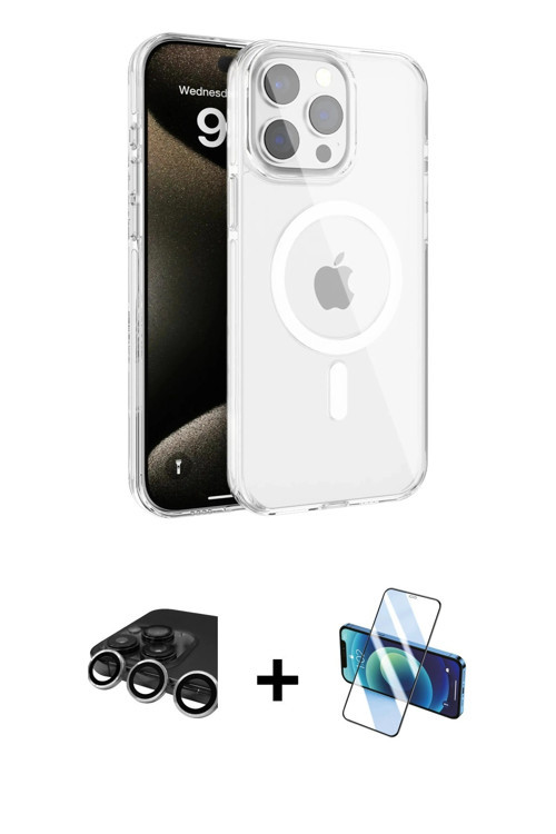 ieg™ iPhone 15 Pro Max Kılıf Doruk Doku Özel Seri - Siyah 3D Antistatik Cam Ekran Koruyucu + Gümüş R